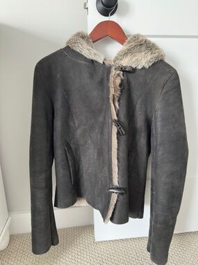 AllSaints Black Leather Shearling-Trim Toggle Jacket